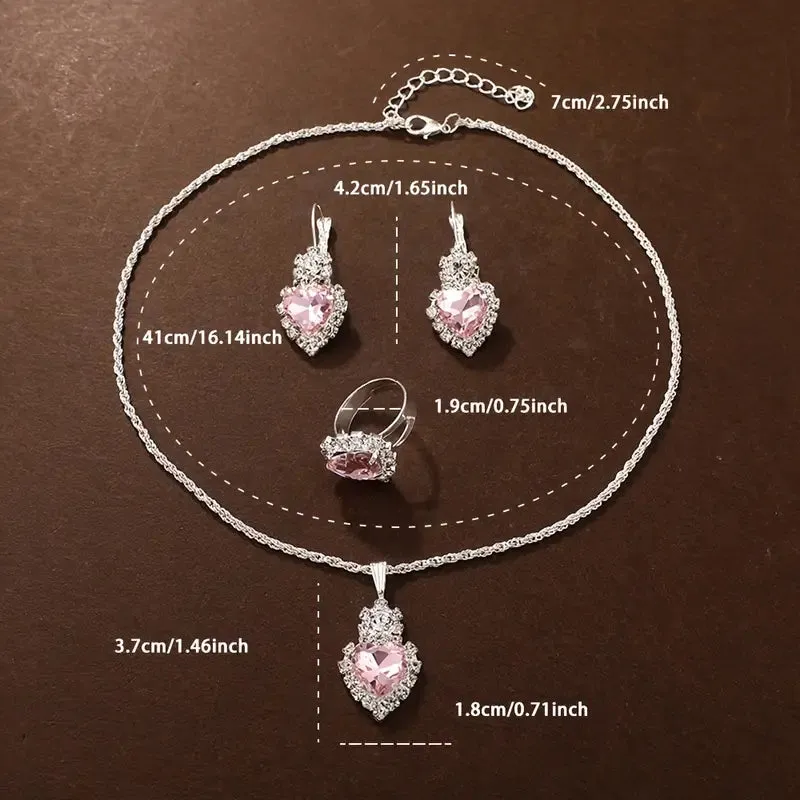 4pcs Pinkish Heart Jewelry Set, Luxurious Alloy Necklace, Earrings & Ring