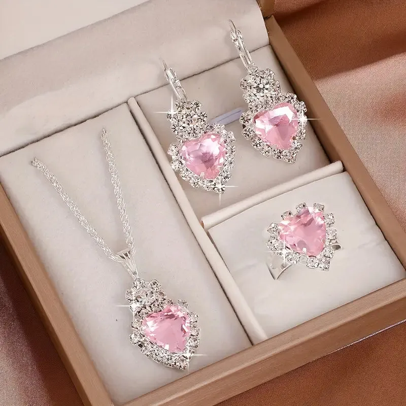 4pcs Pinkish Heart Jewelry Set, Luxurious Alloy Necklace, Earrings & Ring