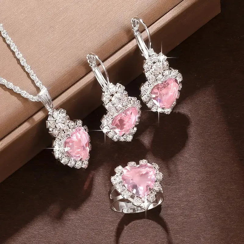 4pcs Pinkish Heart Jewelry Set, Luxurious Alloy Necklace, Earrings & Ring