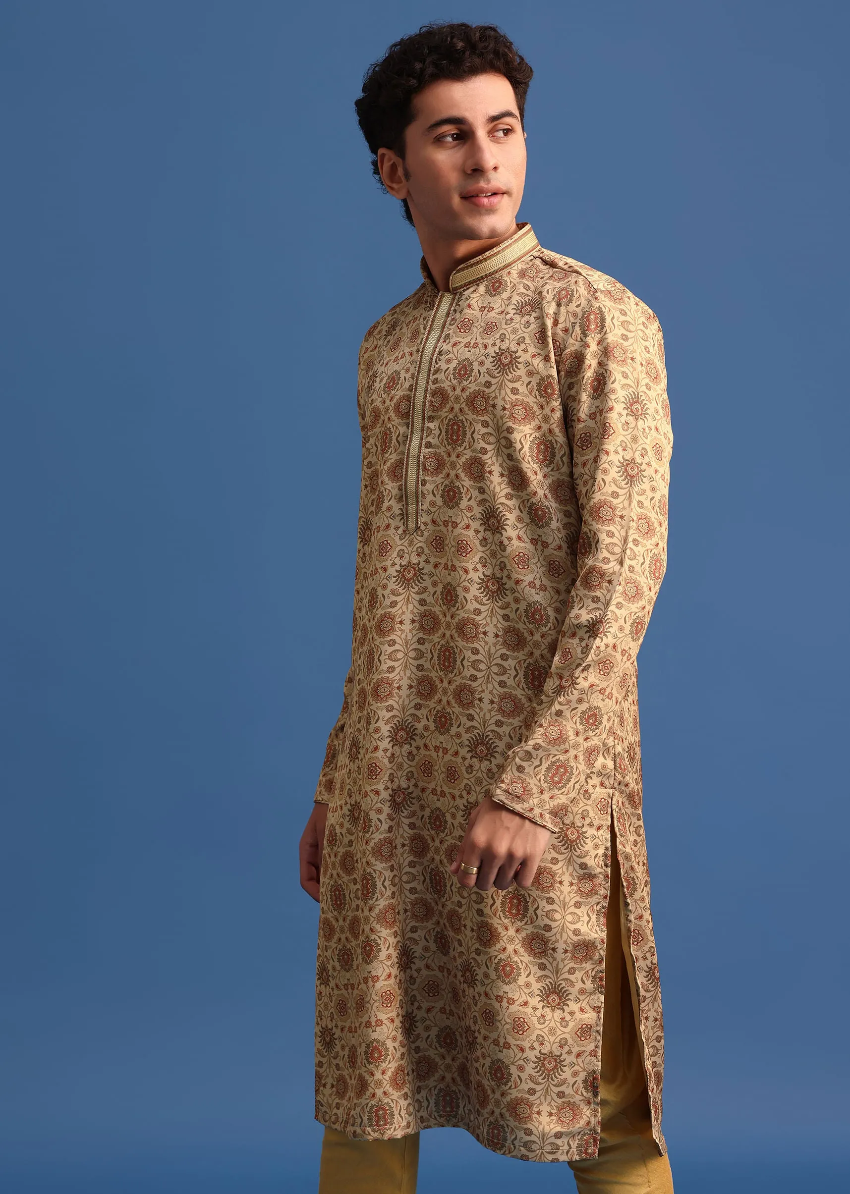 Beige Satin Printed Kurta Set For Men