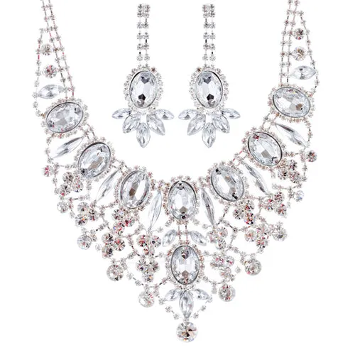 Bridal Wedding Jewelry Set Crystal Rhinestone Luxurious Dazzle Necklace Silver