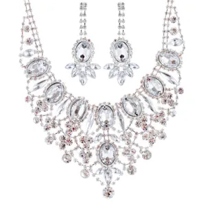 Bridal Wedding Jewelry Set Crystal Rhinestone Luxurious Dazzle Necklace Silver