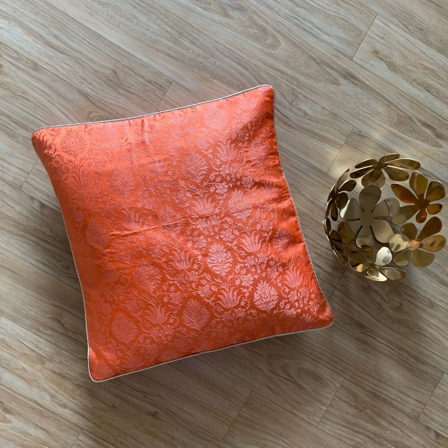 Coral Red Banarasi Cushion Cover | For Luxurious Decor | 16" x 16"