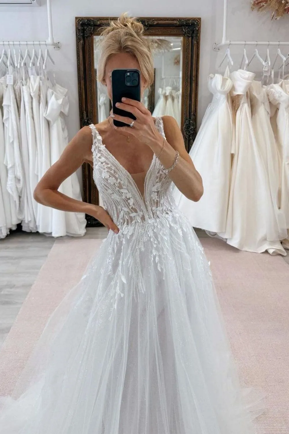 Luxurious A Line Deep V Neck White Wedding Dress with Appliques