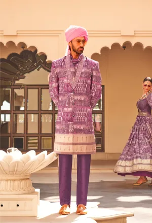 Luxurious Designer Sherwani Suit: P.V Silk with Foil Print