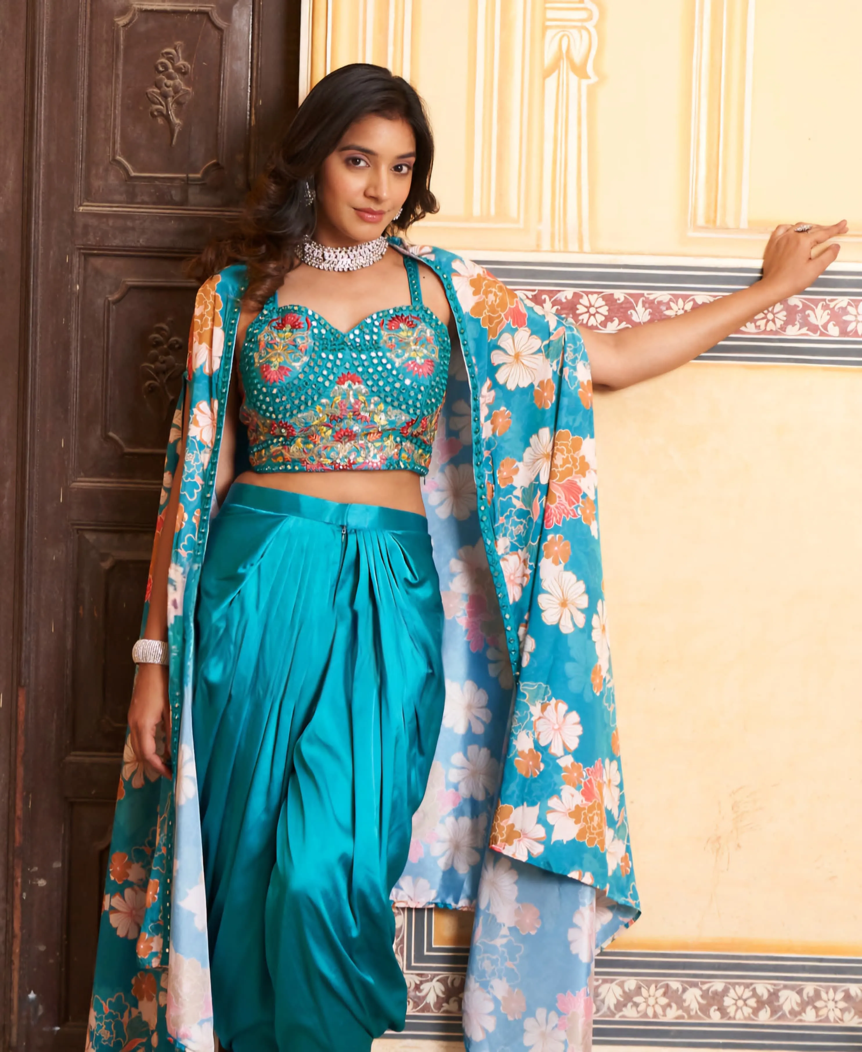 Luxurious Designer Western Three-Piece Set: Embroidery & Satin Elegance