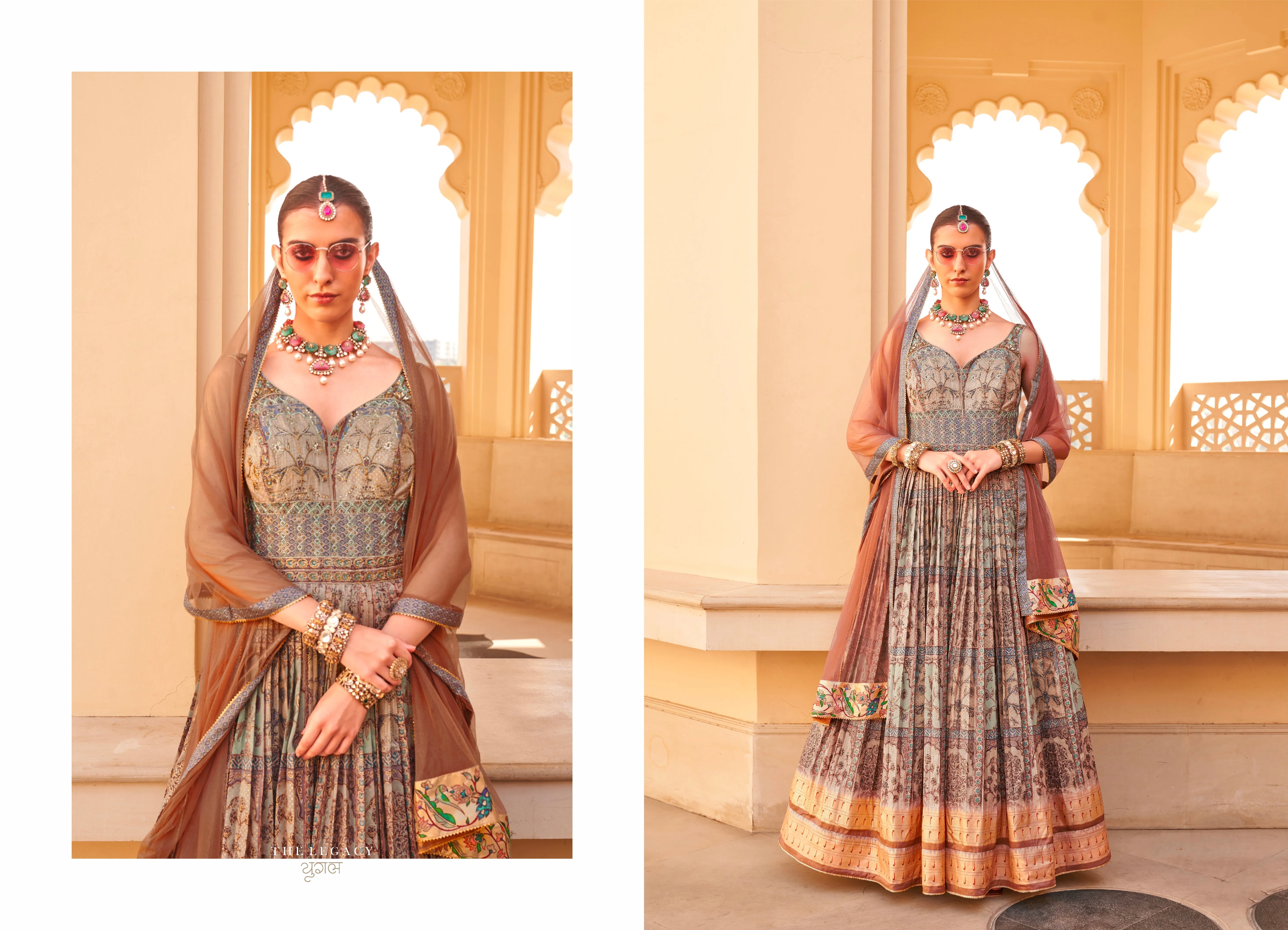 Luxurious Foil Print Gown with Net Dupatta – Perfect for Parties