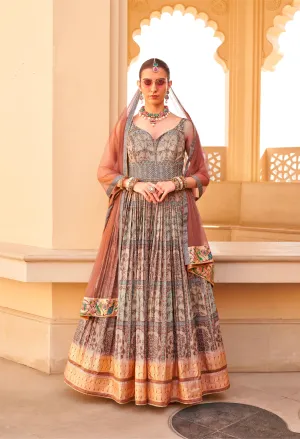 Luxurious Foil Print Gown with Net Dupatta – Perfect for Parties