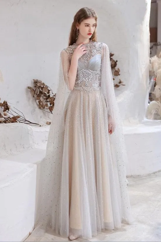 Luxurious Handmade Beade High Neck Evening Dress with Shawl