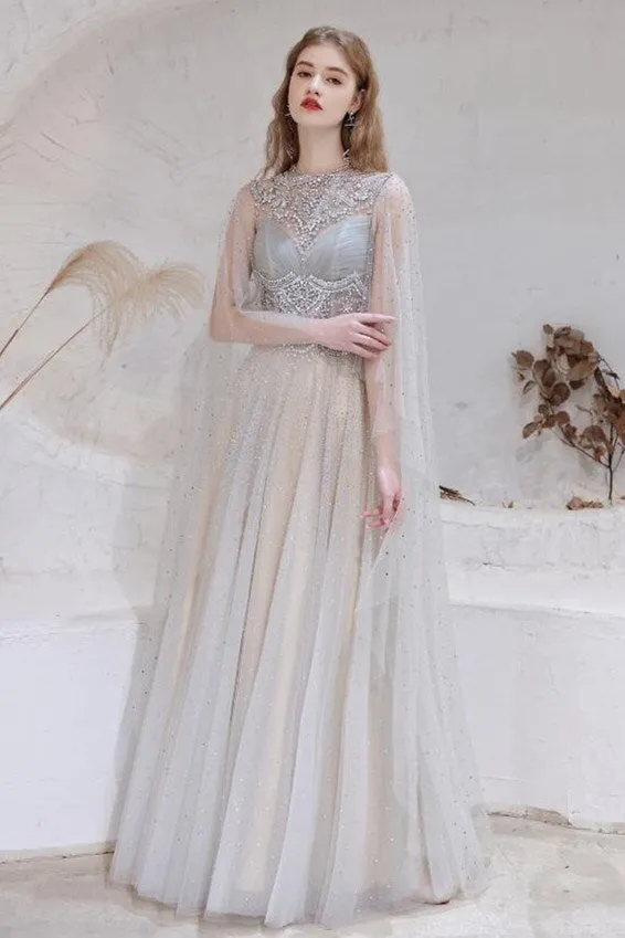 Luxurious Handmade Beade High Neck Evening Dress with Shawl