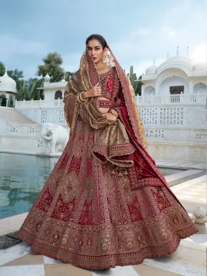 Luxurious Maroon and Gold Bridal Lehenga with Intricate Handcrafted Embroidery