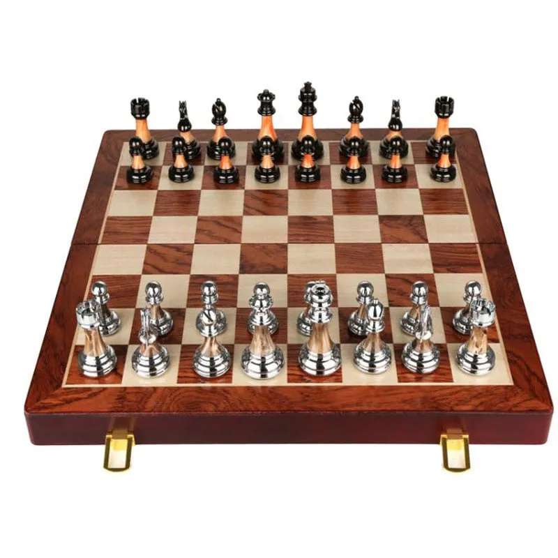 Luxurious Metal Chess Set With A Large 45 Cm Wooden Board