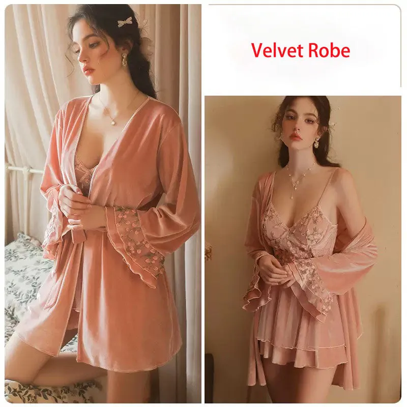 Luxurious Velvet Floral Embroidered Sleepwear and Loungewear Robe with Underwire