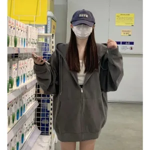 Vintage Zip-up Casual Simple Women's Sweatshirts Fashion Solid Color O-neck Basic Female Hoodies American Style Hoodies